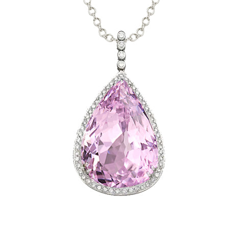 Kunzite And Natural Earth Mined Diamond Necklace Pendant White Gold 14K 24 Ct