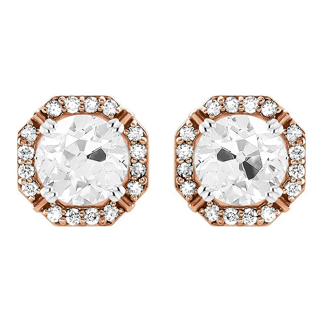 Octagon Shaped Earrings Halo Studs 6.25 Ct Old Cut Diamond