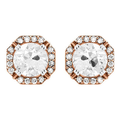 Octagon Shaped Earrings Halo Studs 6.25 Ct Old Cut Diamond