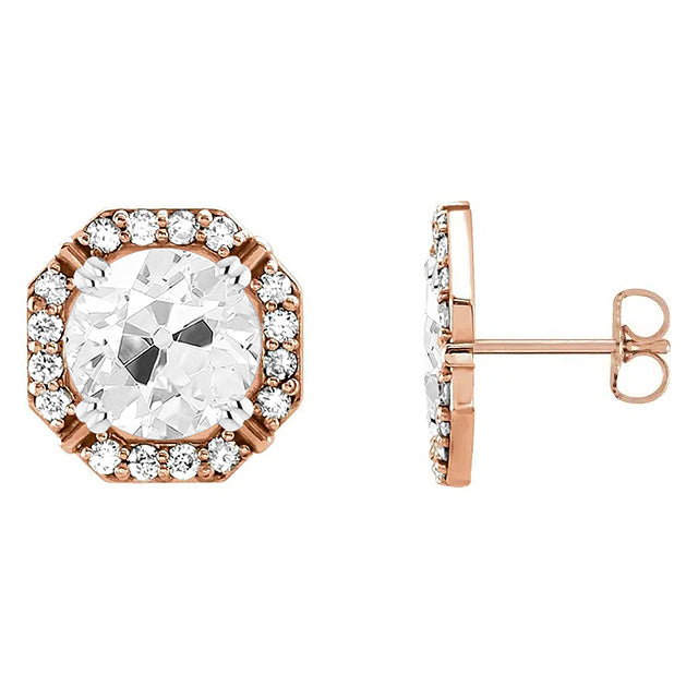 Octagon Shaped Earrings Halo Studs 6.25 Ct Old Cut Diamond