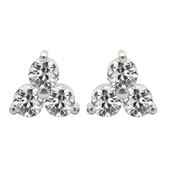 Old Cut Diamond Stud Earrings 3 Stone 6 Ct White Gold 14K
