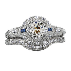 Old Cut Natural Earth Mined Diamond & Sapphires Engagement Ring Set Vintage Style 4 Carats