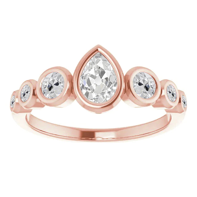 Old Cut Pear & Round Diamond Bubble Ring Band 