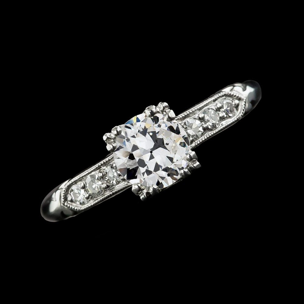 White Old Cut Round Diamond Anniversary Ring Triple Prong 
