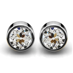 Old Mine Cut Genuine Natural Real Diamond ( Not Lab Grown ) Bezel Set Gold Stud Earrings 4 Carats