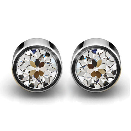 Old Mine Cut Diamond Bezel Set Gold Stud Earrings 4 Carats