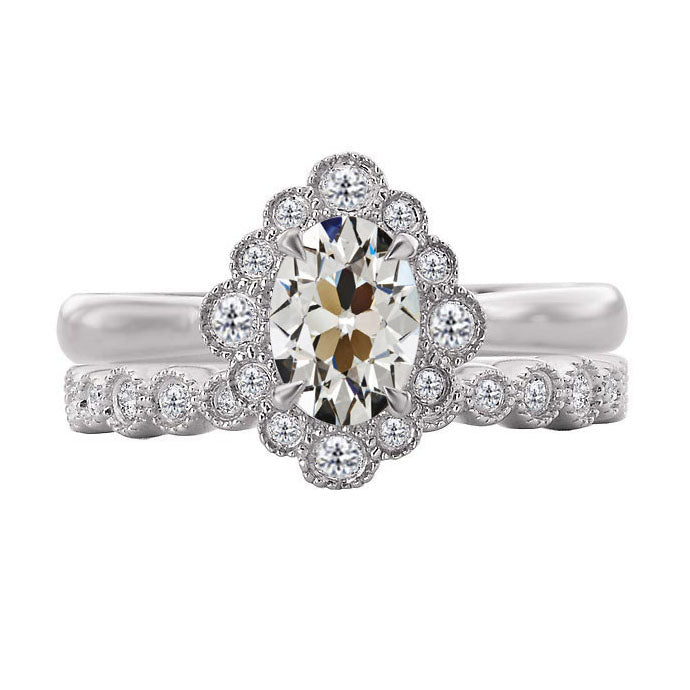 Old Mine Cut Halo Diamond Wedding Ring Set 4.50 Carats White Gold