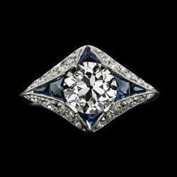 Old Mine Cut & Trapezoid Sapphire Diamond Ring 3.75 Carats Milgrain