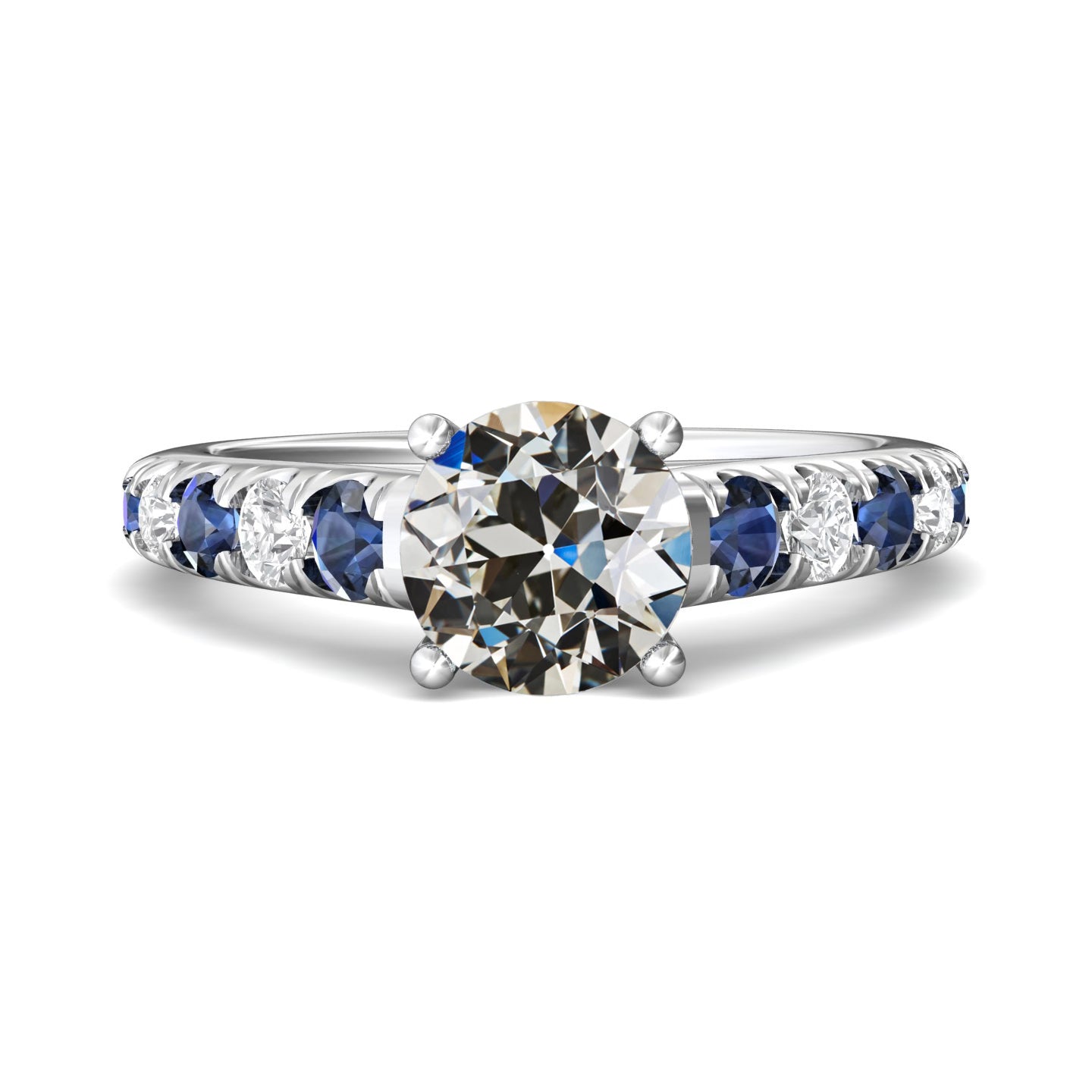 Ladies White Gold Round Anniversary Old Miner Diamond & Sri Lankan Sapphire Gemstone Ring