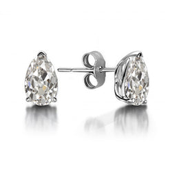 Old Miner Pear Stud Diamond Earrings 2 Carats White Gold