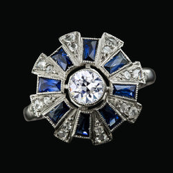 Old Miner Round Natural Earth Mined Diamond Baguette Blue Sapphire Halo Ring 3.75 Carats