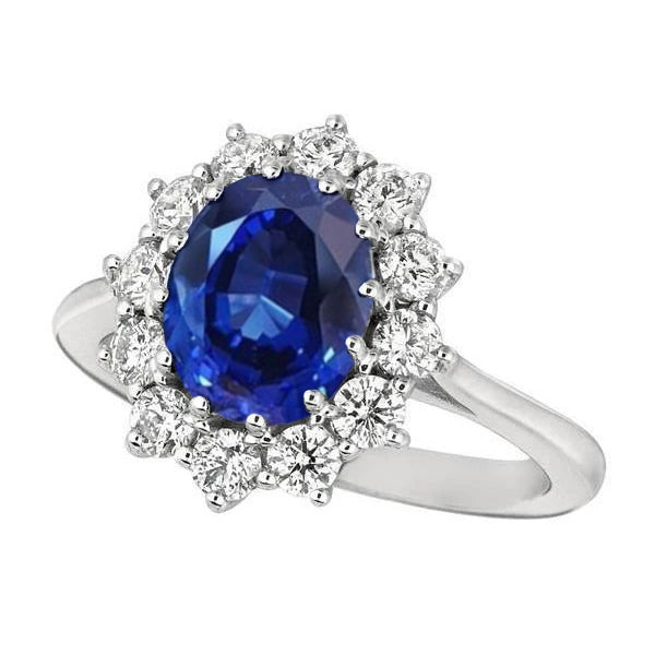 Oval Blue Sapphire & Round Natural Earth Mined Diamonds Halo Ring 6.50 Ct. White Gold 14K