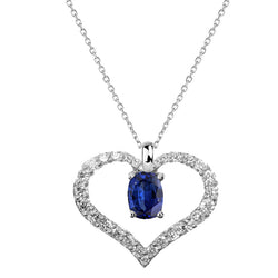 Oval Blue Sapphire & Diamond Heart Pendant Necklace 3.25 Carats