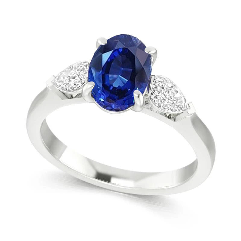 Oval Ceylon Sapphire And Pear Natural Earth Mined Diamond Three Stone Ring Gold 14K 3 Ct