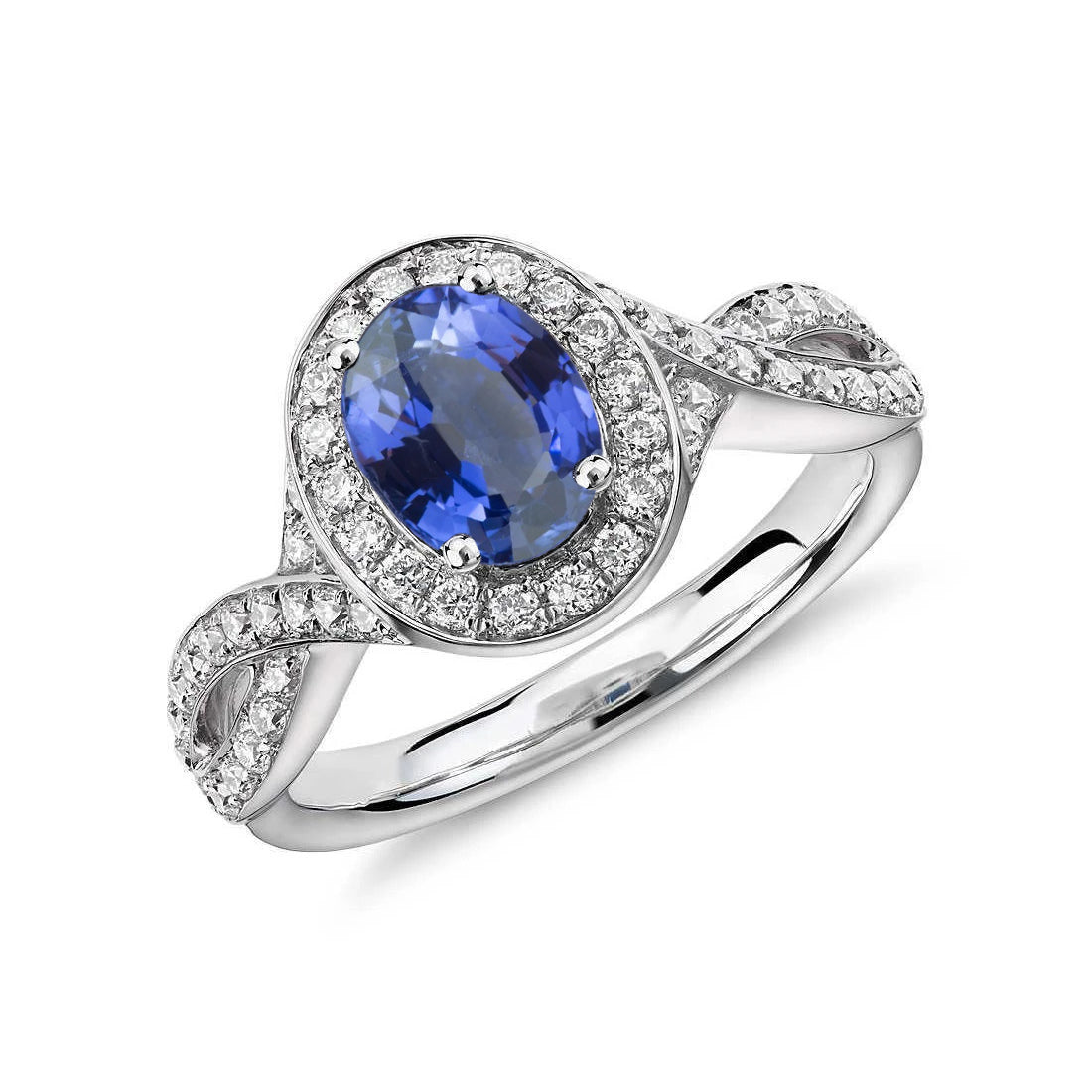 Oval Ceylon Sapphire & Round Natural Earth Mined Diamond Ring 1.55 Carat White Gold 14K