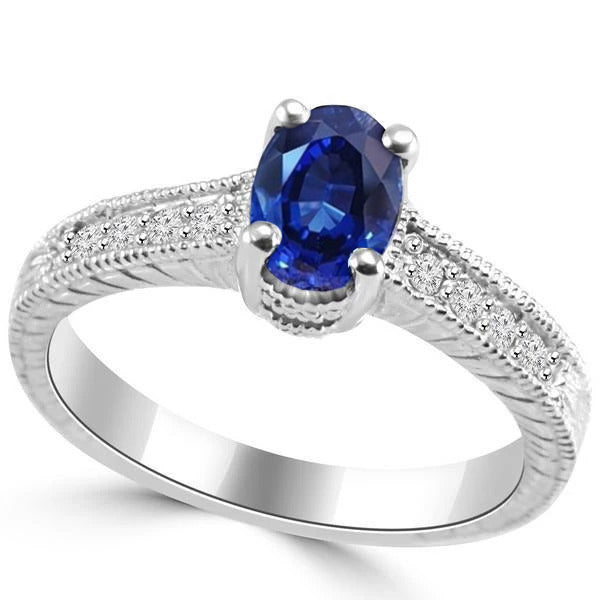 New Stylish Oval Cut Blue Sapphire With Diamond Ring  White Gold