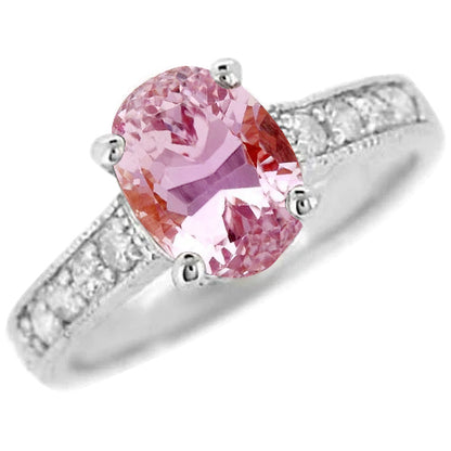 Oval Cut Pink Kunzite And Natural Earth Mined Diamond Ring White Gold 14K 10.50 Ct