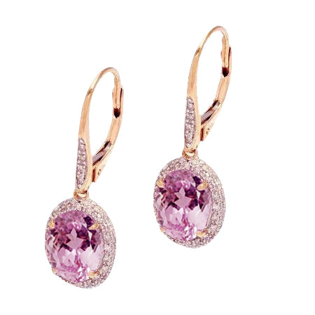  Lady’s Brilliant Engagement  Oval Cut Pink Kunzite With Diamond Dangle Earring
