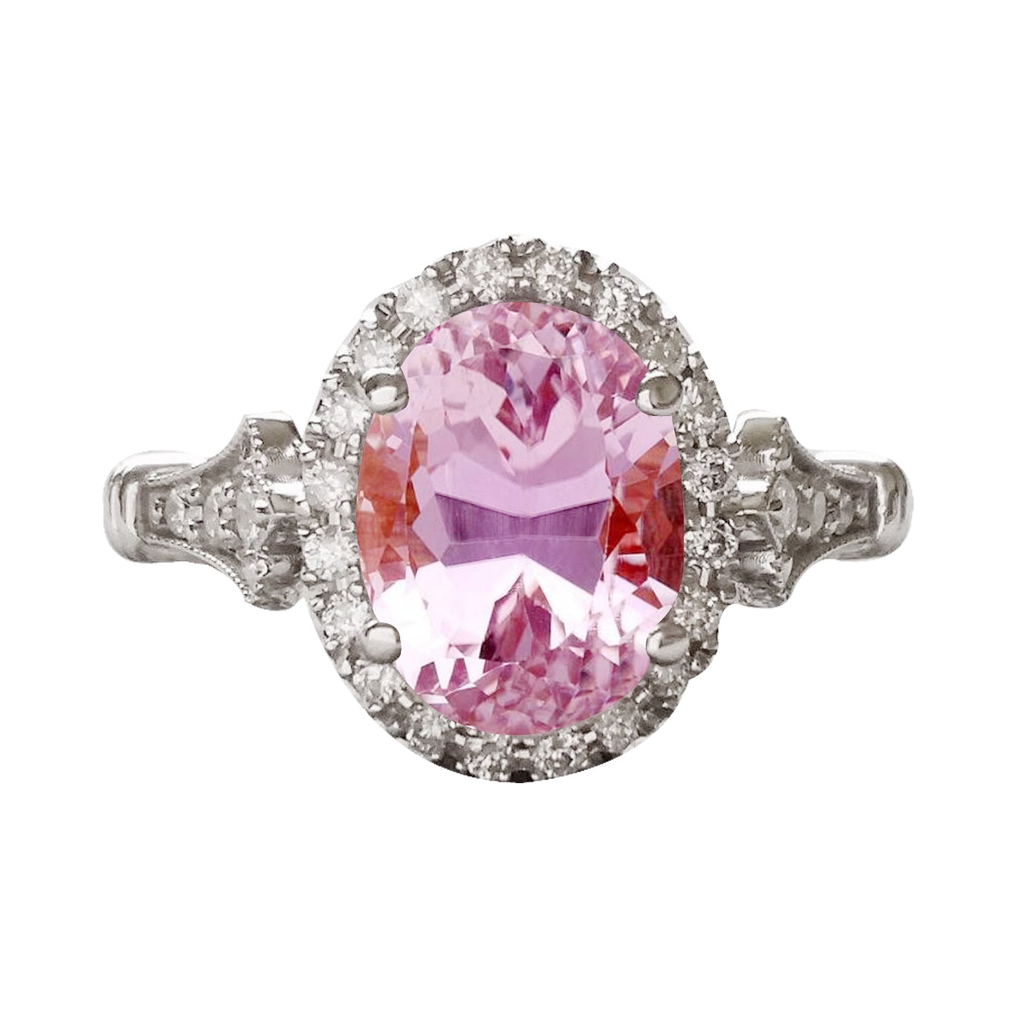 High Quality Unique Oval Cut Pink Kunzite With Round Halo Diamond Ring