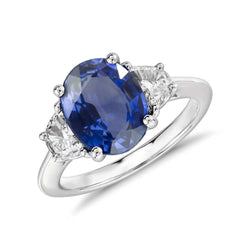 Oval Cut Sri Lanka Sapphire & Diamond 3 Stone Ring 2 Carats WG 14K