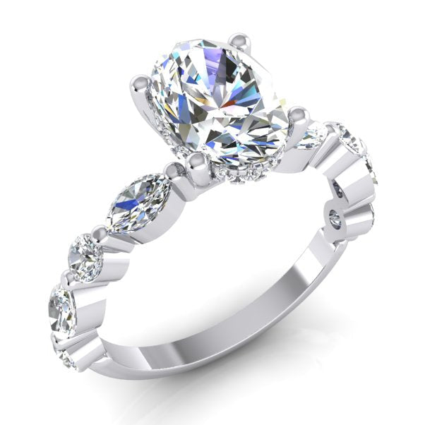 Oval Cut Hidden Halo Diamond Ring With Accents