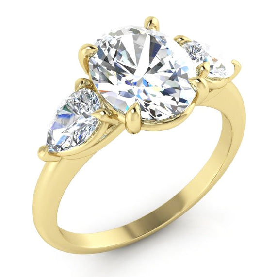 Three Stone Ring Oval & Pear Cut Diamonds 14K Yellow Gold 