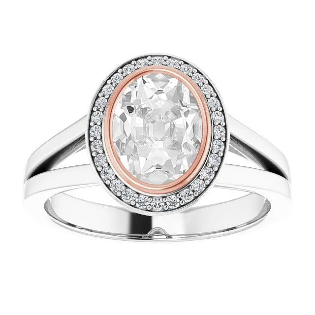 Oval Old Cut Diamond Halo Ring Bezel Prong Set Split Shank