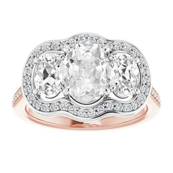 Oval Old Cut Diamond Halo Ring Two Tone Prong Set 12 Carats