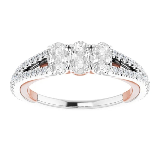 White Wedding Oval Old Miner Diamond Ring Prong Set Two Tone