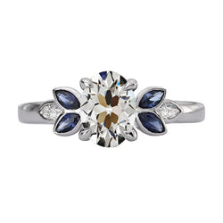 Genuine   Oval Old Cut Diamond & Marquise Blue Sapphires Ring 6.50 Carats