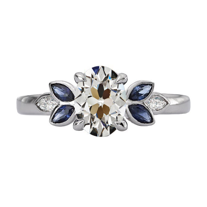 Fancy Lady’s Sparkling Vintage Style White Gold Weeding Anniversary   Old Miner Cut Diamond Blue Sapphires Ring