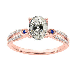 Genuine Oval Old Cut Natural Earth Mined Diamond & Round Sri Lankan Sapphire Ring 4.50 Carats