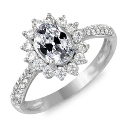 Oval Old Cut Halo Natural Earth Mined Diamond Wedding Ring Flower Style 9 Carats Gold