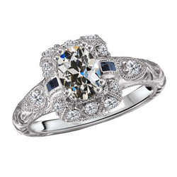 4 Carats Oval Old Cut & Baguette Blue Sapphire Diamond Ring