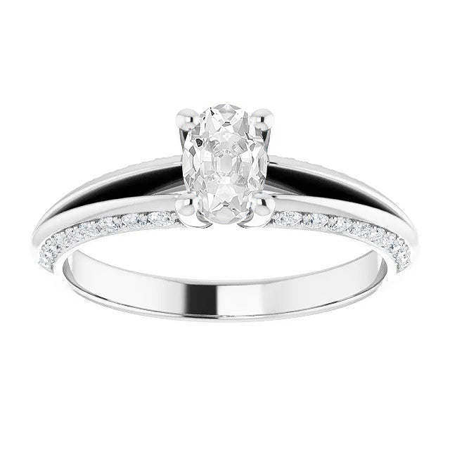 White Gold Oval Old Miner Diamond Ring Prong Set