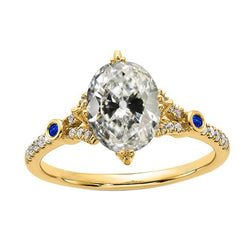 Oval Old Mine Cut Natural Earth Mined Diamond & Round Ceylon Sapphires Ring 5 Carats