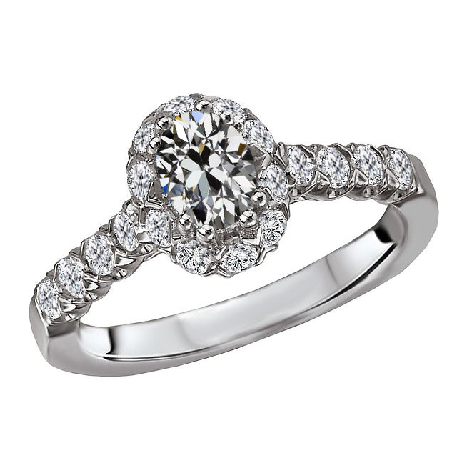 3.50 Carats Oval Old Mine Cut Halo Solitaire With Accents Diamond Ring