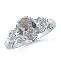 Oval Old Miner Real Natural Earth Mined Diamond Ring Butterfly Style 2 Carats Bezel Set