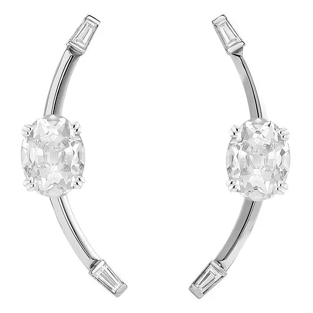 Oval Old Miner & Baguettes Diamond Drop Earrings White Gold 5 Carats