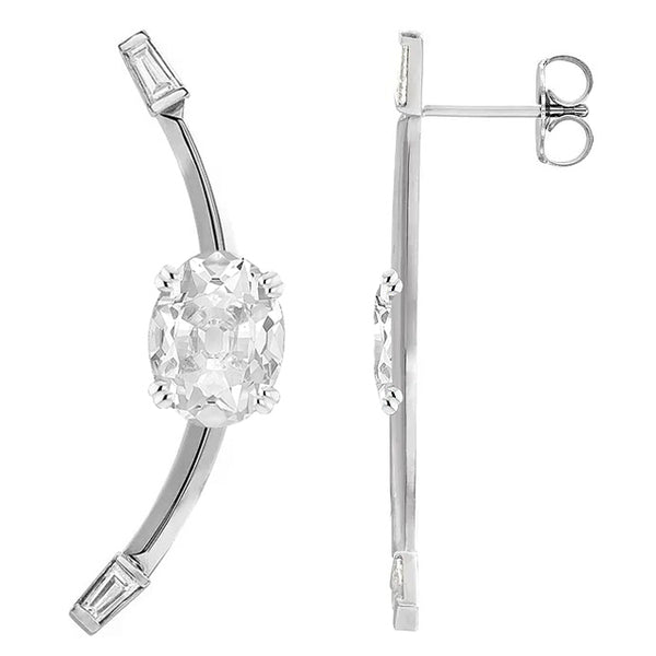 Oval Old Miner & Baguettes Diamond Drop Earrings White Gold 5 Carats
