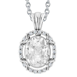 Oval Old Miner & Round Real Natural Earth Mined Diamond Pendant 7 Carats Slide Chain Milgrain