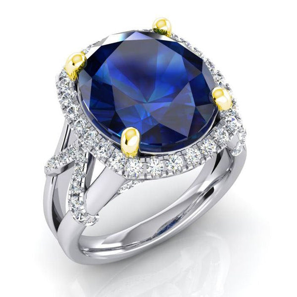 Women Jewelry Oval Blue Sapphire And Round Cut Diamonds Gemstone Ring 