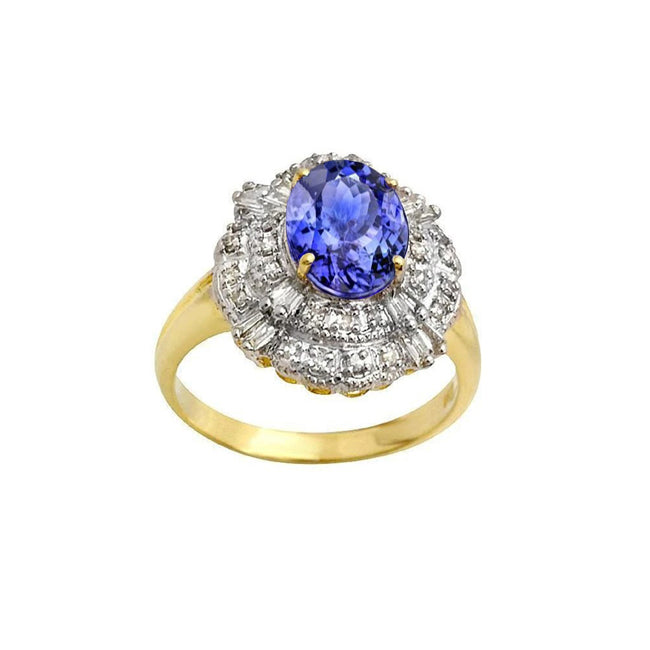  Lady’s Brilliant Engagement  Oval Tanzanite And Baguette Diamonds Gold Ring