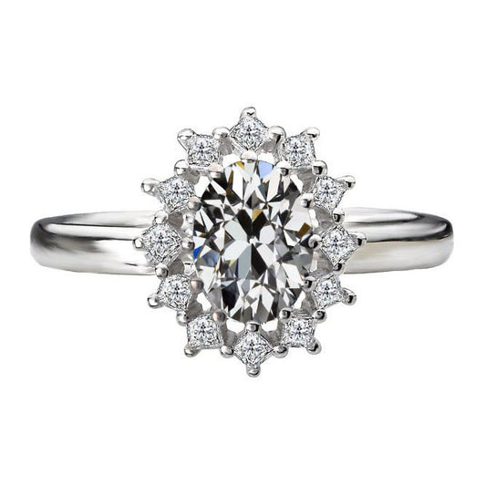 Oval & Round Old Mine Cut Diamond Halo Anniversary Ring 4 Carats