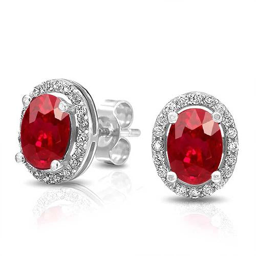 Oval Ruby With Round Diamonds 6.10 Ct. Studs Halo  White Gold  Gemstone Earring