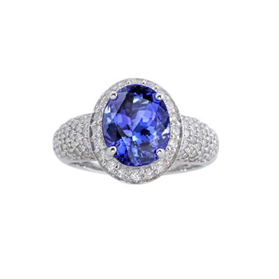 Oval Tanzanite & Natural Earth Mined Diamonds 7 Carats Ring Pave White Gold 14K