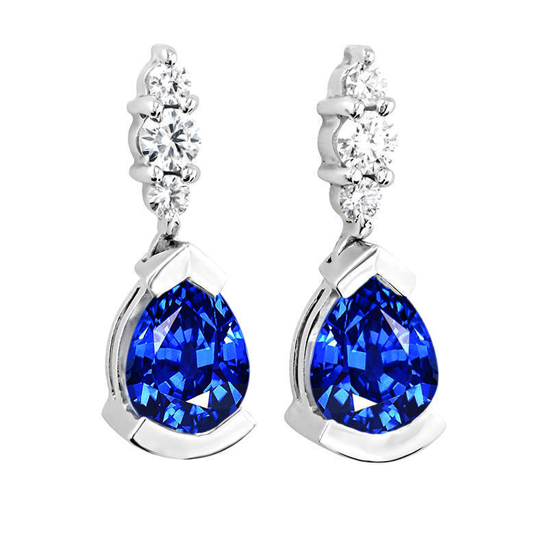 Pear And  Fancy Princess Cut Style  Round Cut Ceylon Sapphire With Diamonds Earrings