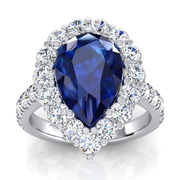 Halo Gemstone Ring Pear Blue Sapphire Gold Womens Jewelry 8 Carats