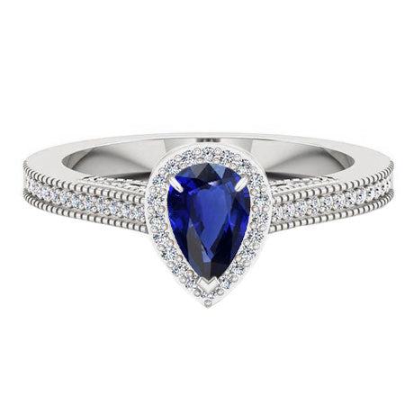 Pear Blue Sapphire Ring 2.50 Carats Sparkling Halo Diamonds 