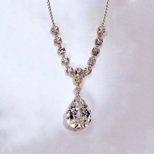 Pear Cut And Round Natural Earth Mined Diamond Necklace Pendant 27 Carats White Gold 14K